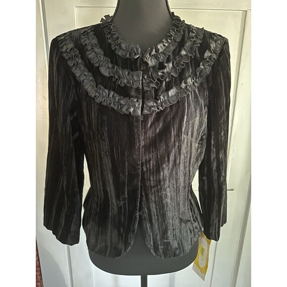 VTG Clues Collection Black Velvet Edwardian Victorian Ruffle Cropped Jacket Sz 6 - Picture 2 of 12
